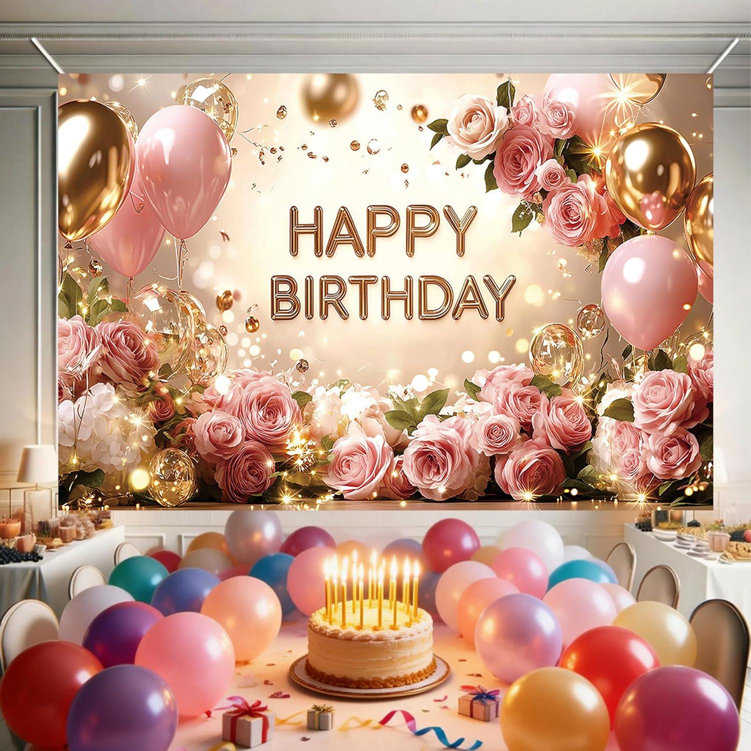 Happy Birthday Backdrop Banner, Floral Rose Gold Photo Booth (71x43 Inch)
