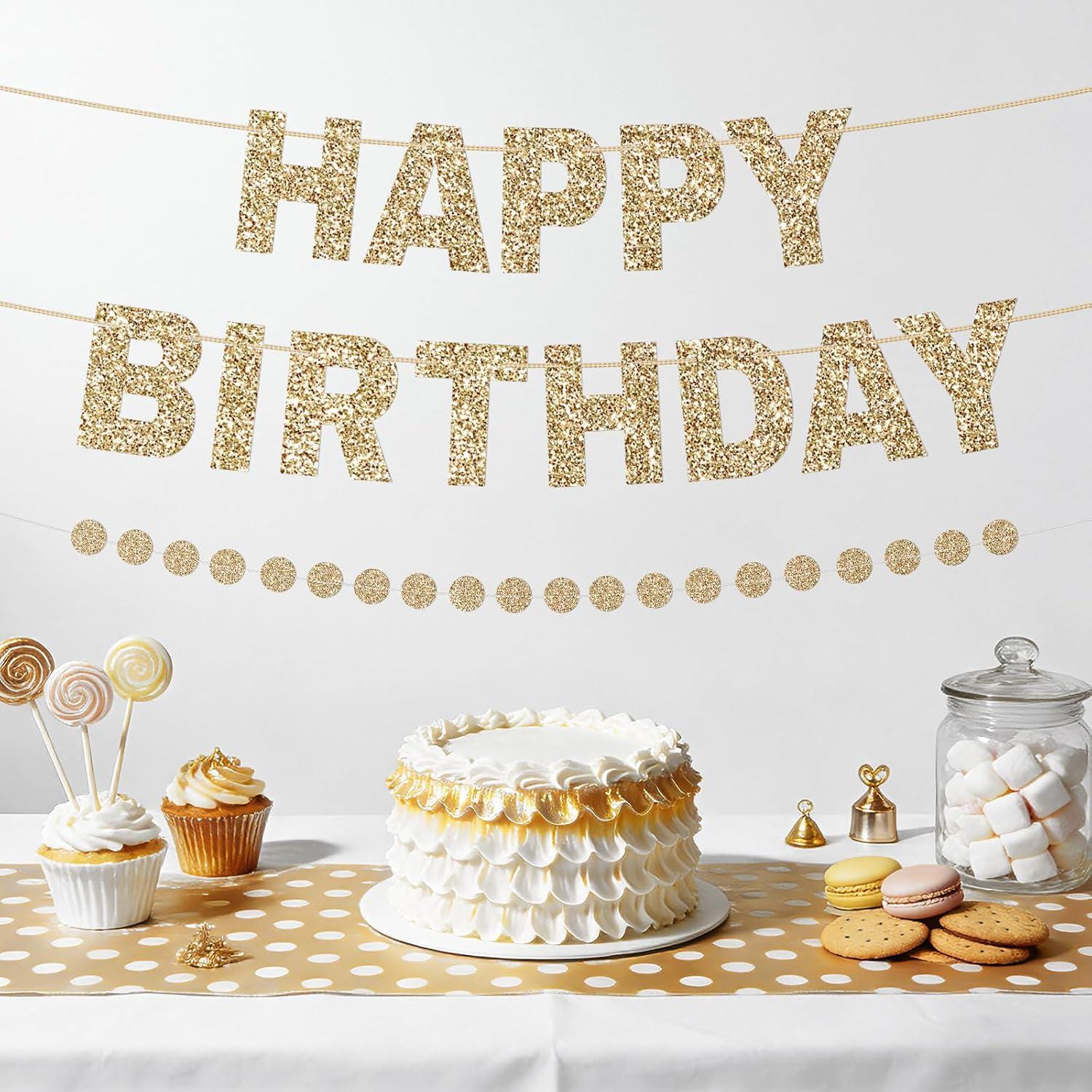 Gold Glitter Happy Birthday Banner, Circle Dot Garland, Party Decorations