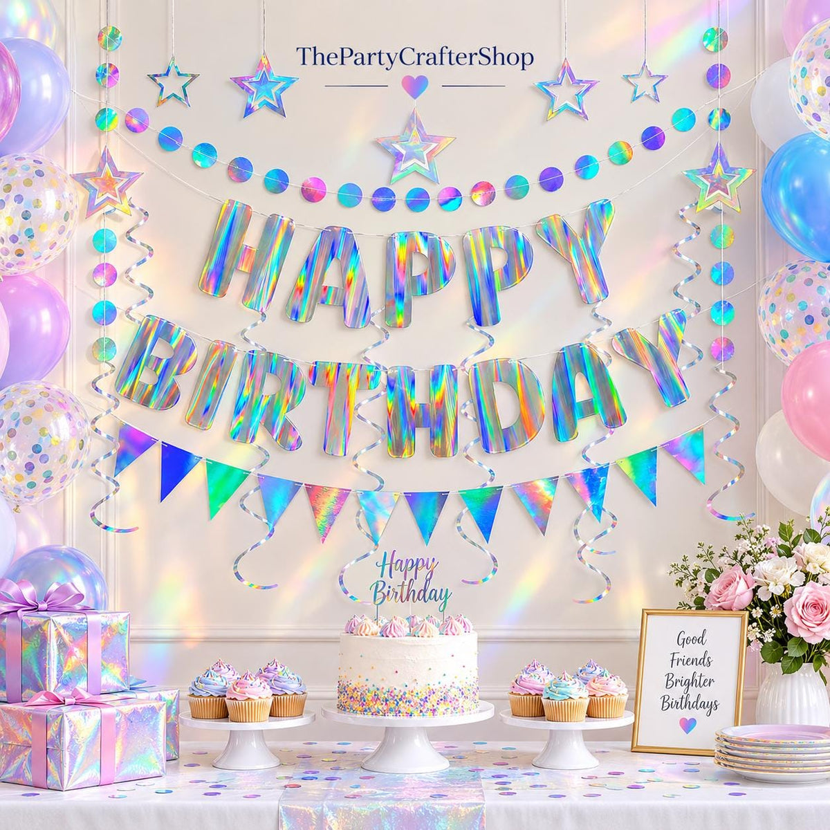 Iridescent Happy Birthday Banner, Holographic Streamers, Polka Dot Garland (Pre-Strung)