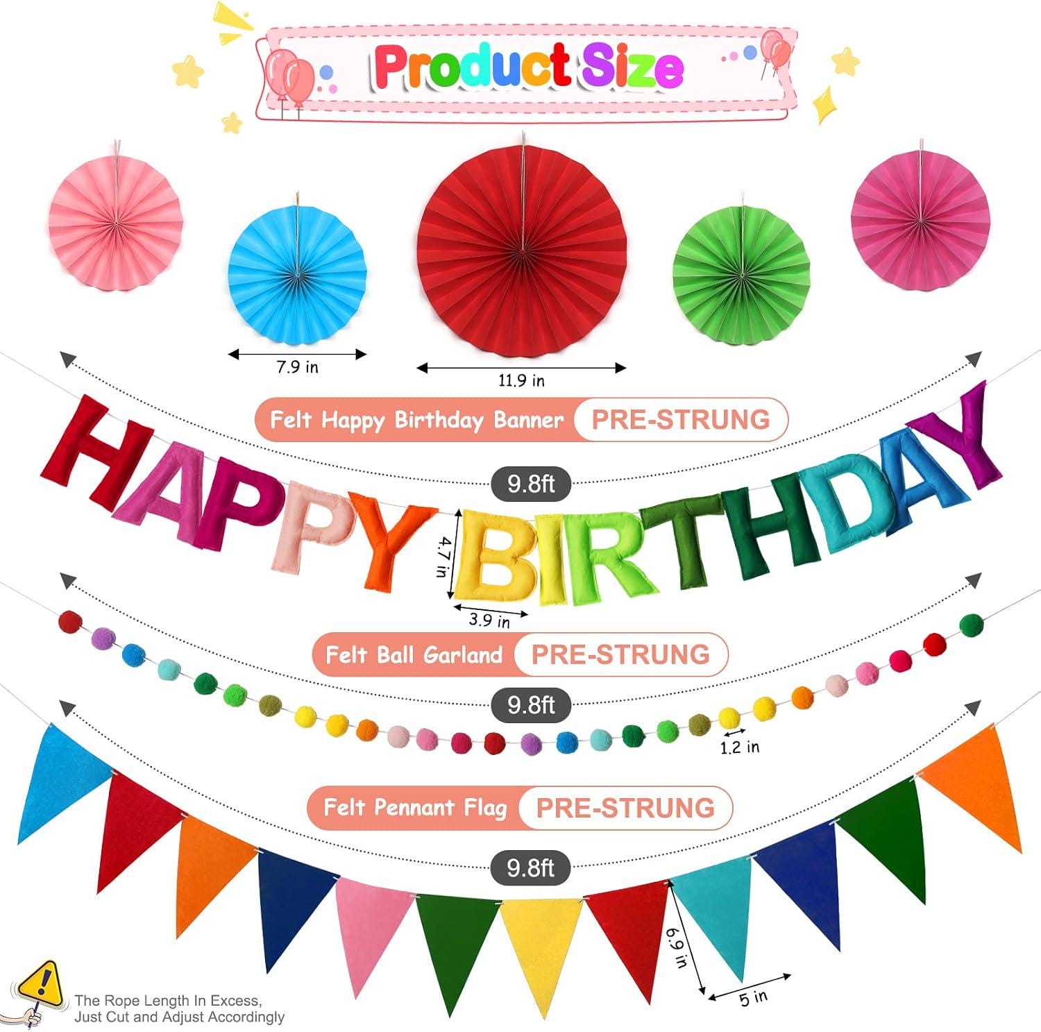 Rainbow Felt Birthday Banner Set, 3D Pom Poms, Pennants, Fans (Reusable)