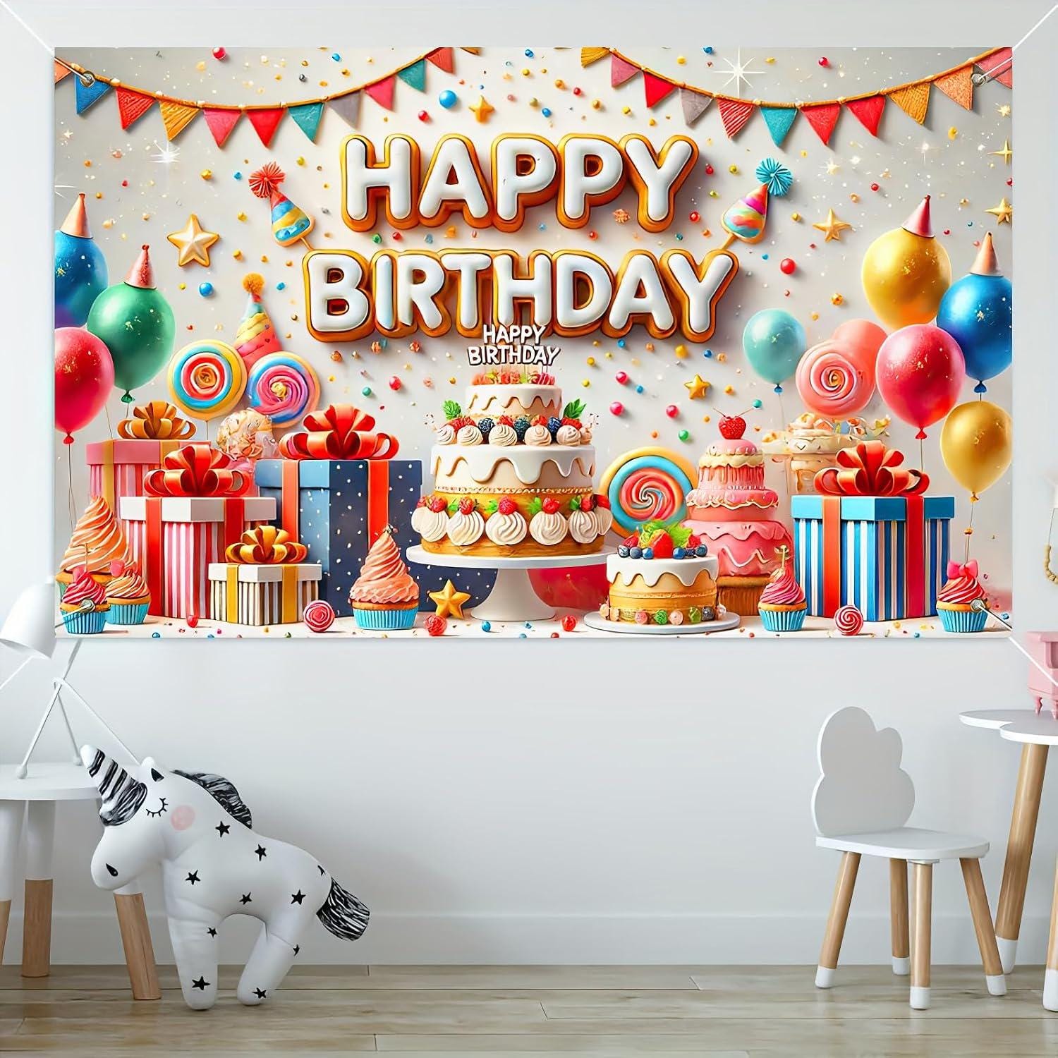 Colorful Cake Balloon Birthday Backdrop, Polyester Party Banner (71x43 Inch)
