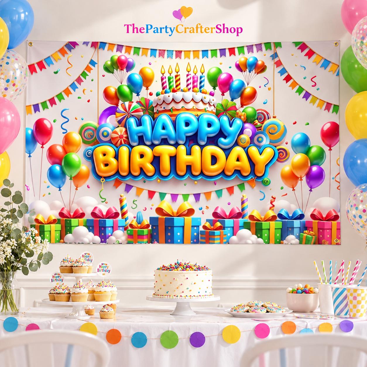 Rainbow Happy Birthday Banner, 71x43 Inch Party Backdrop, Balloon Cake Decorations