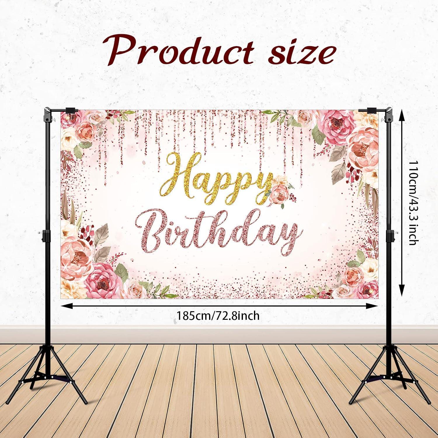 Rose Gold Floral Birthday Backdrop, Glitter Party Banner, Photo Booth Decor
