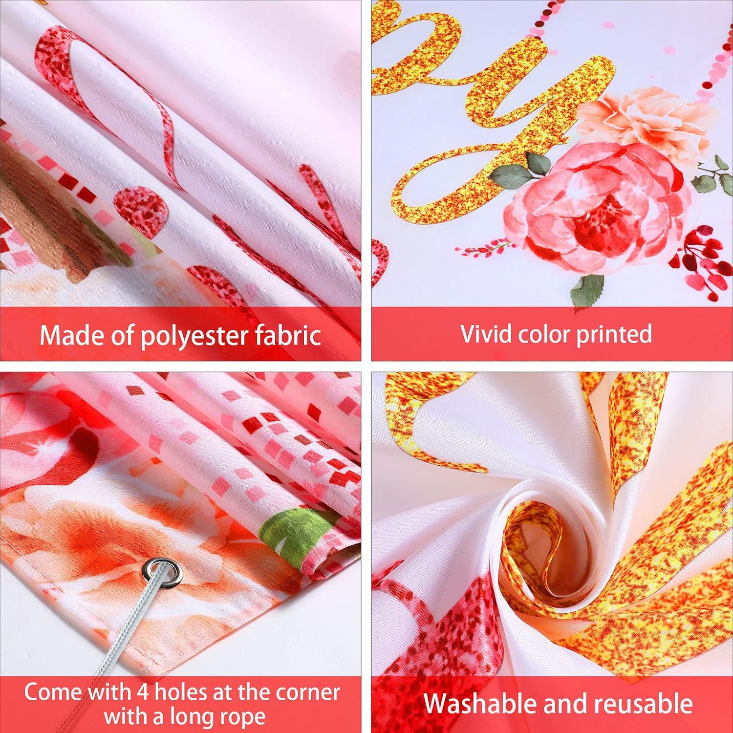 Rose Gold Floral Birthday Backdrop, Glitter Party Banner, Photo Booth Decor