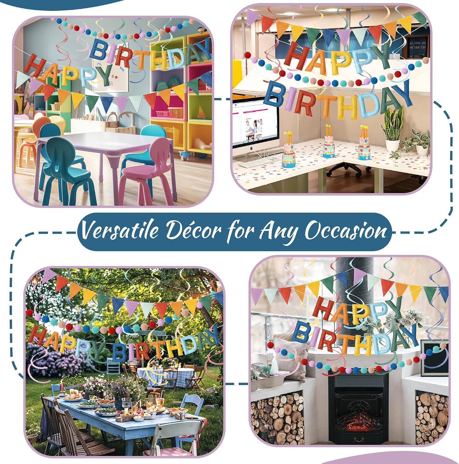 Retro Felt Happy Birthday Banner Set, Rainbow Pom Pom Garland, Party Decor