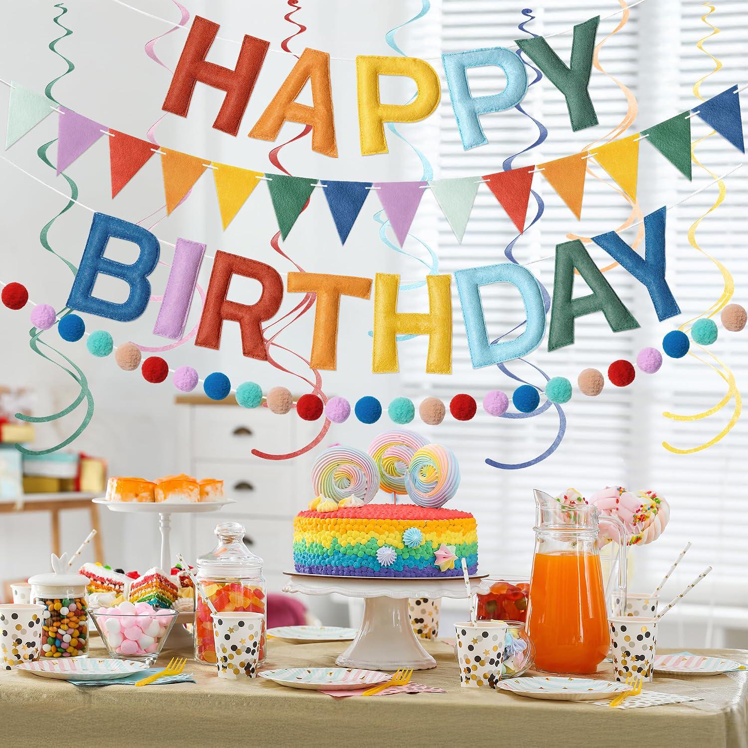 Retro Felt Happy Birthday Banner Set, Rainbow Pom Pom Garland, Party Decor