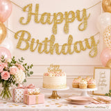 10FT Gold Glitter Happy Birthday Banner, Cursive Party Decor (Pre-Strung)