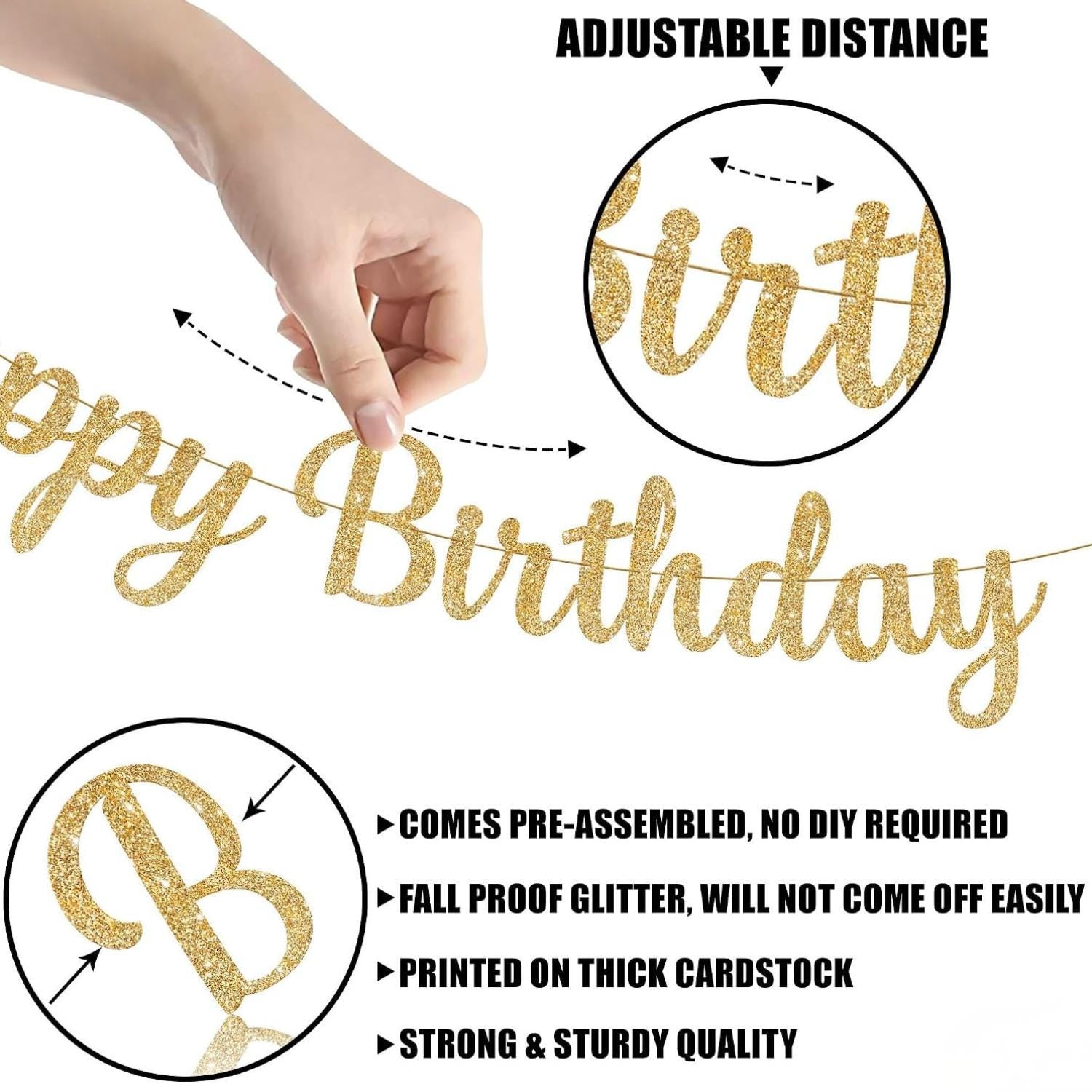 10FT Gold Glitter Happy Birthday Banner, Cursive Party Decor (Pre-Strung)
