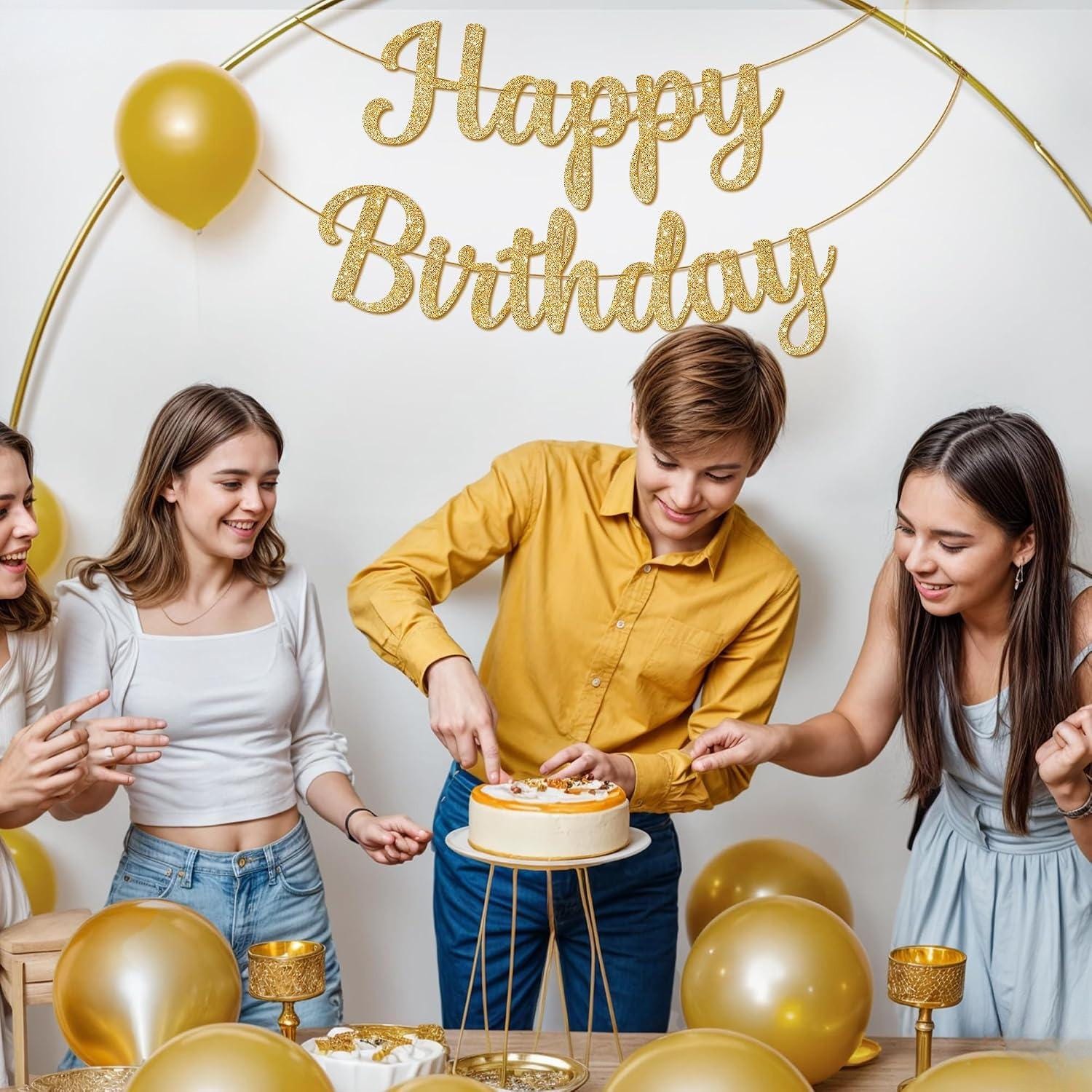 10FT Gold Glitter Happy Birthday Banner, Cursive Party Decor (Pre-Strung)