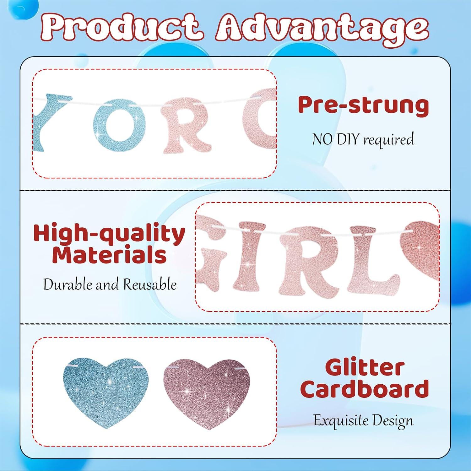 Glitter Boy or Girl Gender Reveal Banner, Pre-Strung Baby Shower Decor