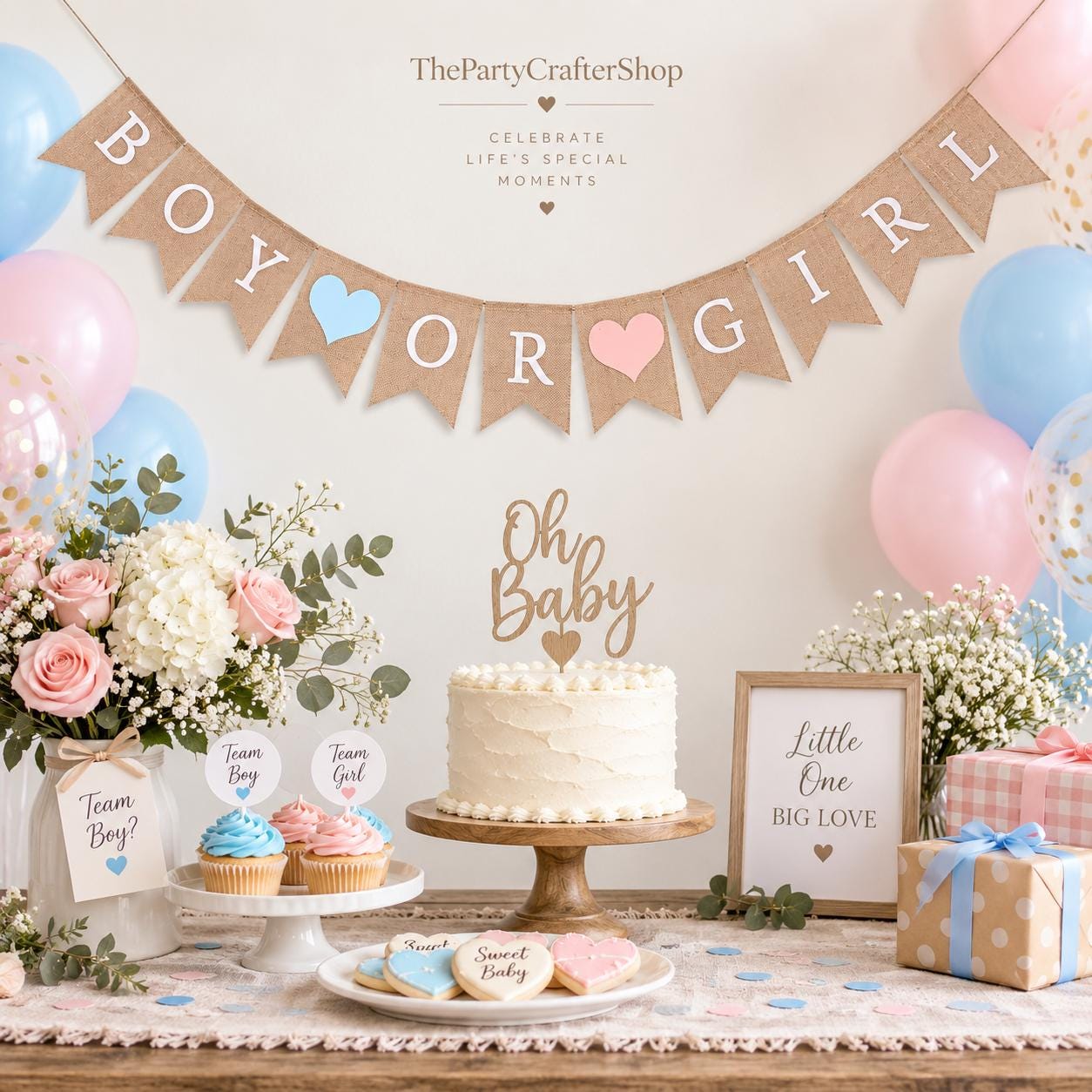 Handmade Burlap Gender Reveal Banner, Rustic Baby Shower Garland (80 Inch)