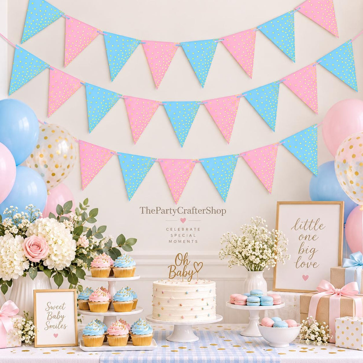 Blue Pink Gender Reveal Bunting, 2-Pack Baby Shower Garland (16.4ft)