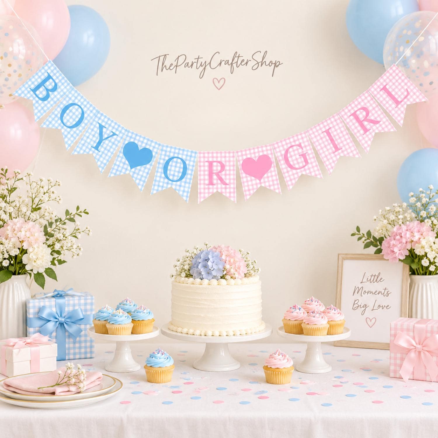 Boy or Girl Gender Reveal Banner, Blue Pink Gingham Baby Shower Decor