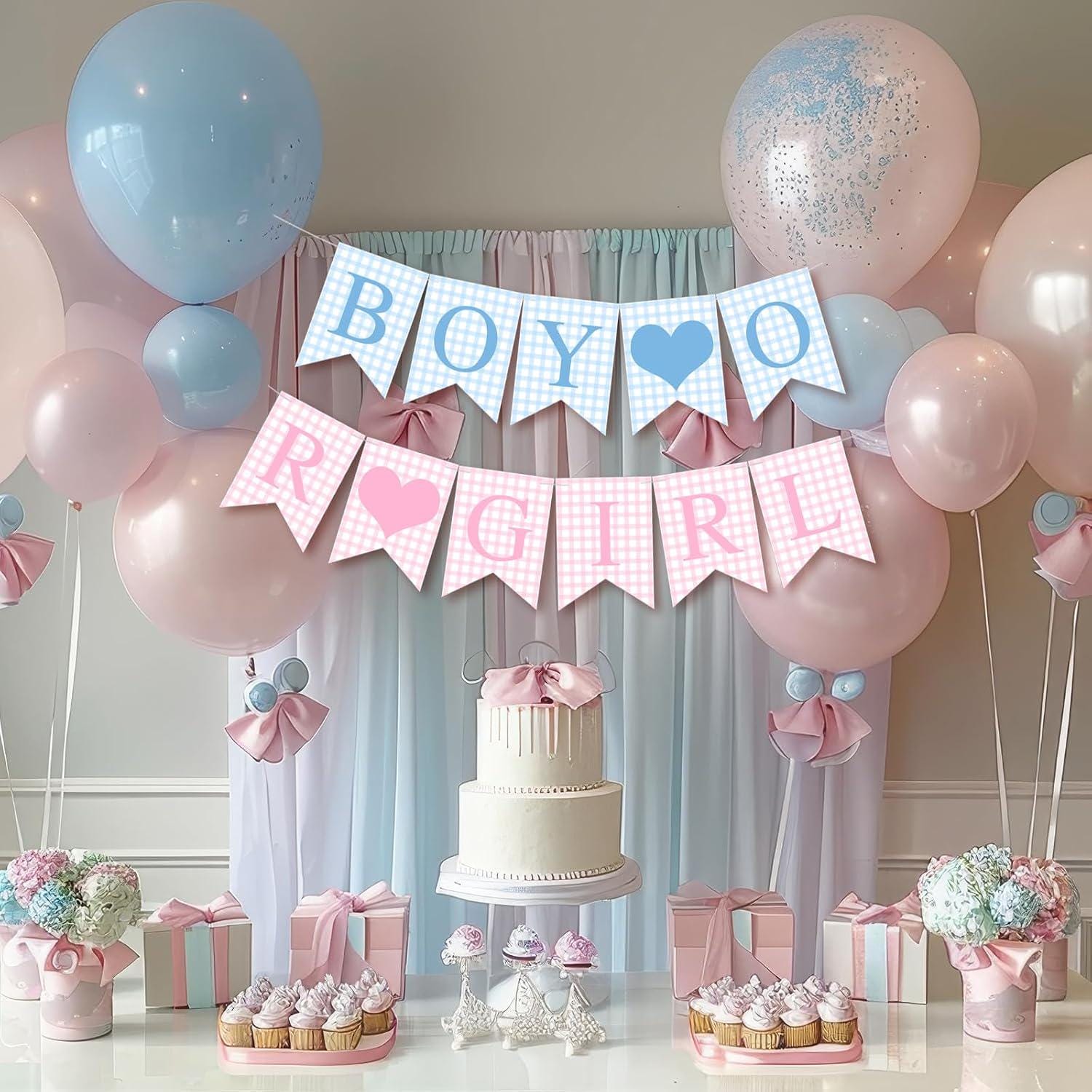 Boy or Girl Gender Reveal Banner, Blue Pink Gingham Baby Shower Decor