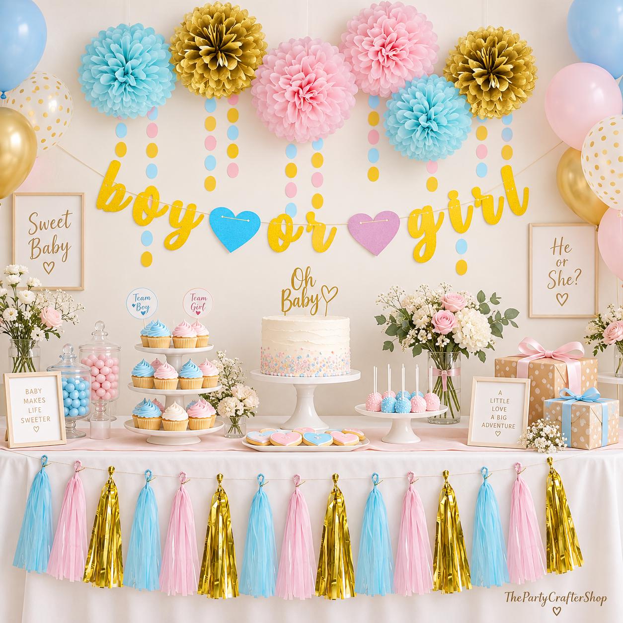 Gender Reveal Party Set, Blue Pink Gold Pom Poms, Tassels, Banner, Streamers (23pc)