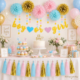 Gender Reveal Party Set, Blue Pink Gold Pom Poms, Tassels, Banner, Streamers (23pc)