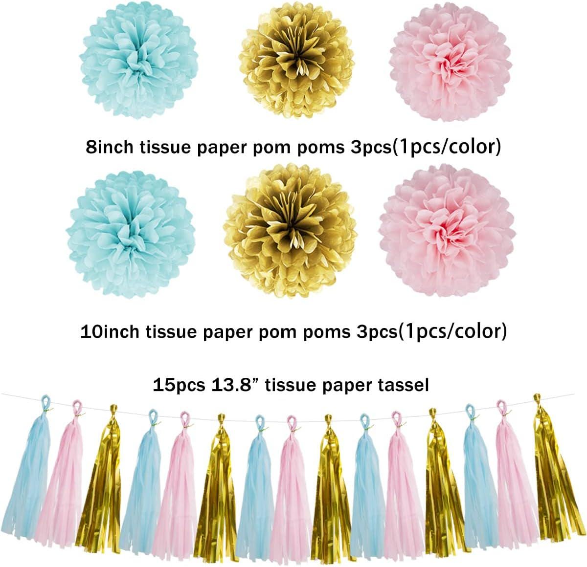 Gender Reveal Party Set, Blue Pink Gold Pom Poms, Tassels, Banner, Streamers (23pc)