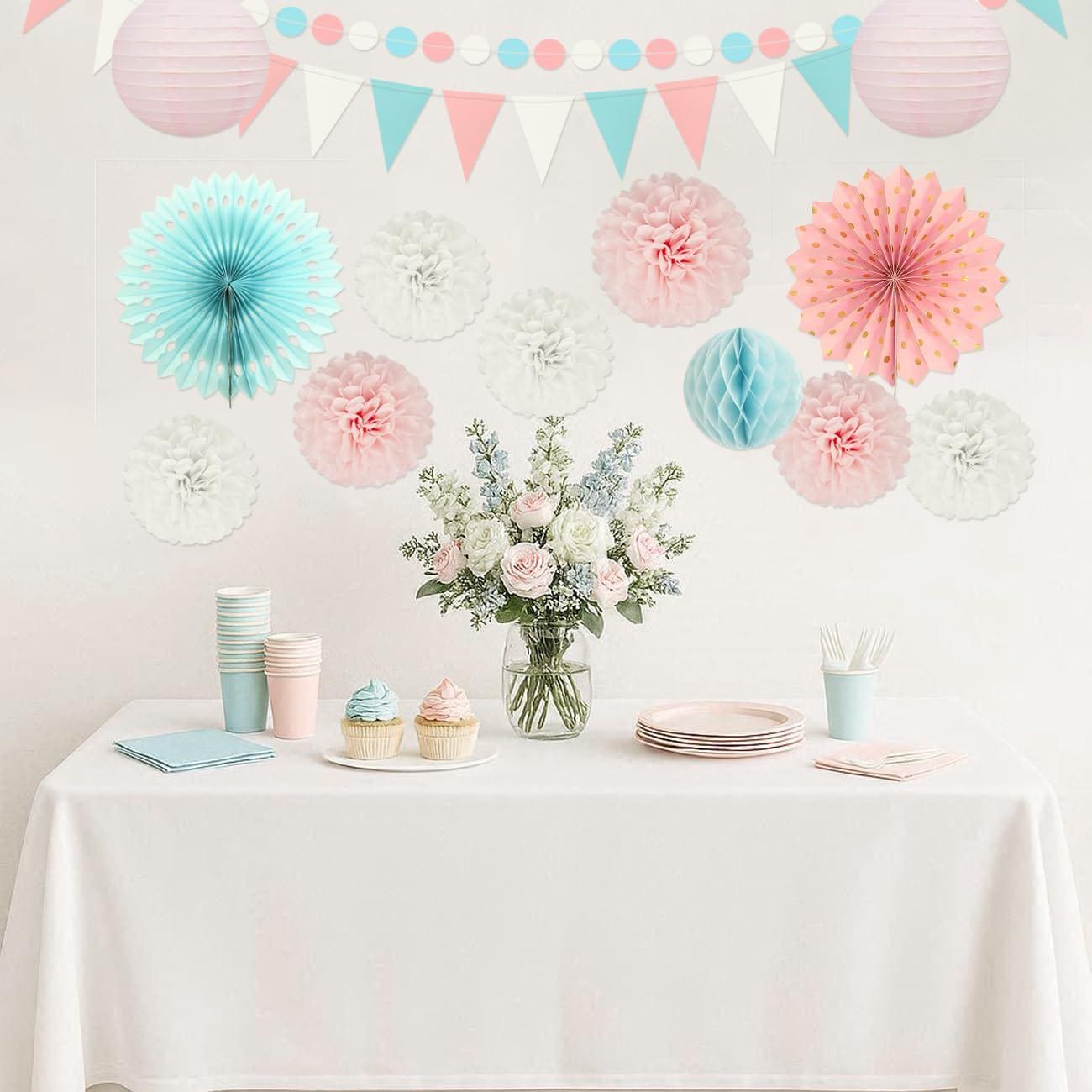 Gender Reveal Party Decorations, Pink Blue White Tissue Pom Poms, Paper Fans, Garland (13ft)