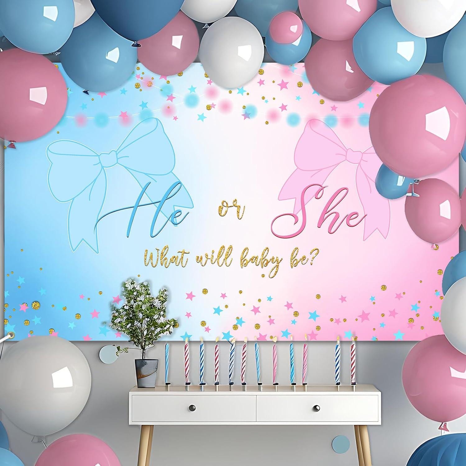 Gender Reveal Banner, Coquette Bow Backdrop, Blue Pink Party Decor (6x3.6FT)