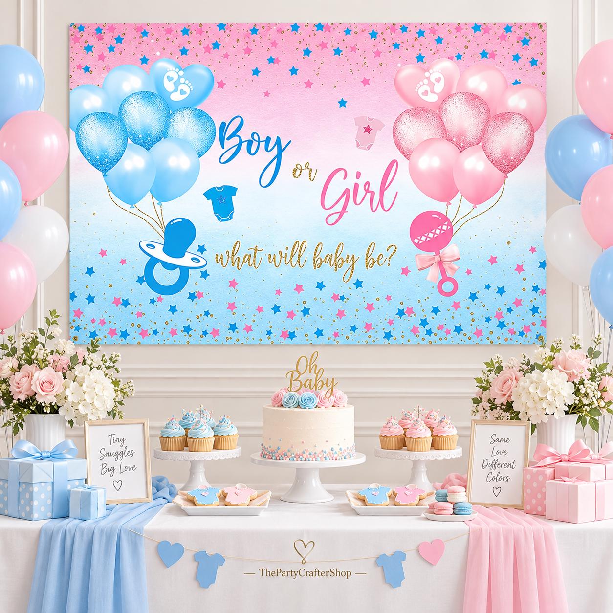 Boy or Girl Gender Reveal Banner, Blue Pink Stars, Balloons (82.6x59.1in)