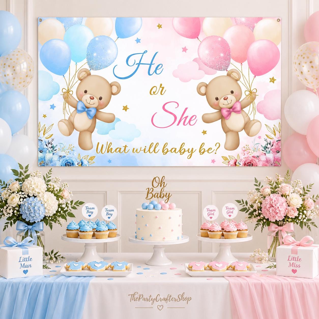 Teddy Bear Gender Reveal Banner, Pink Blue Baby Shower Backdrop (6x3.6FT)