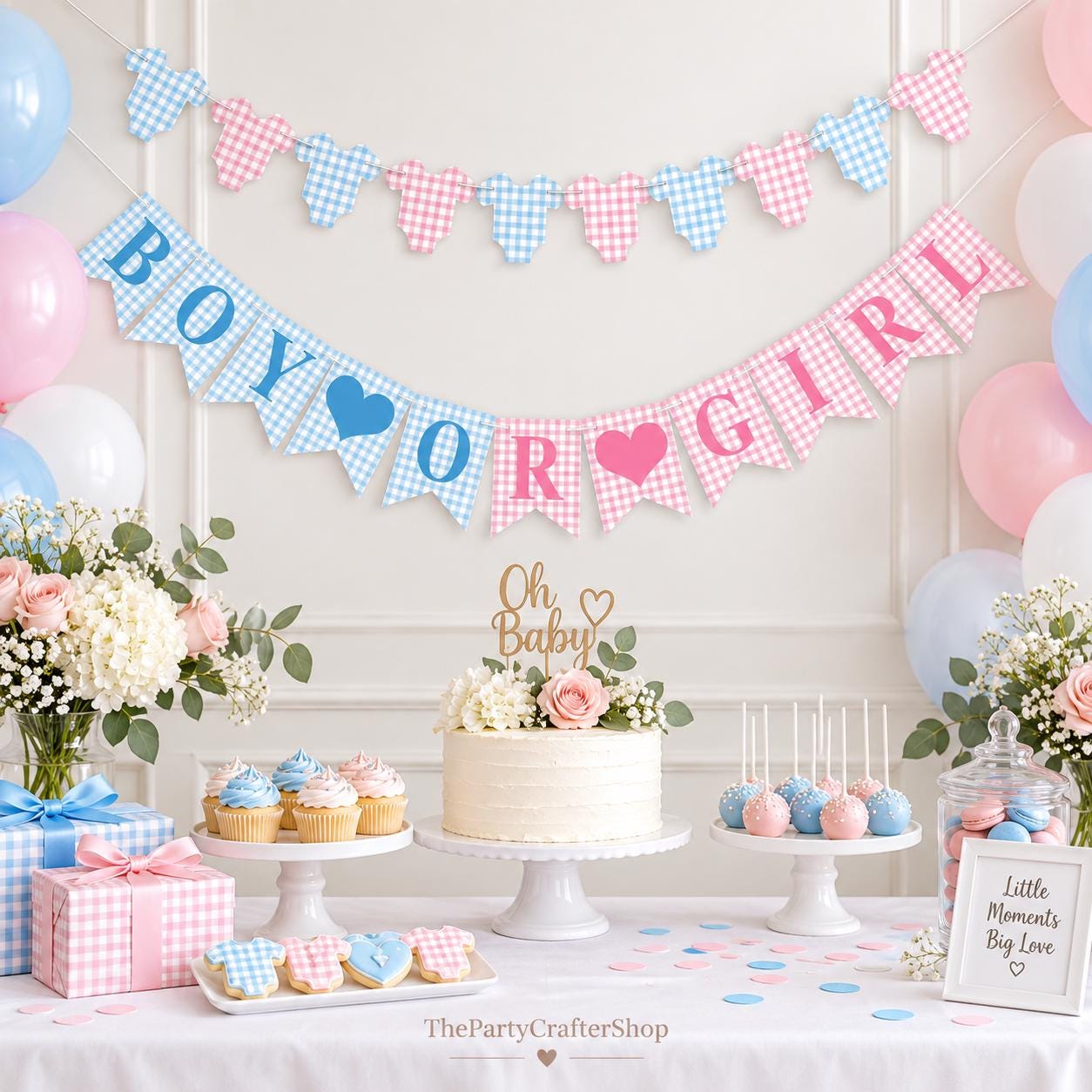Boy or Girl Baby Shower Banner, Blue Pink Gingham Bodysuit Garland (Pre-Strung)