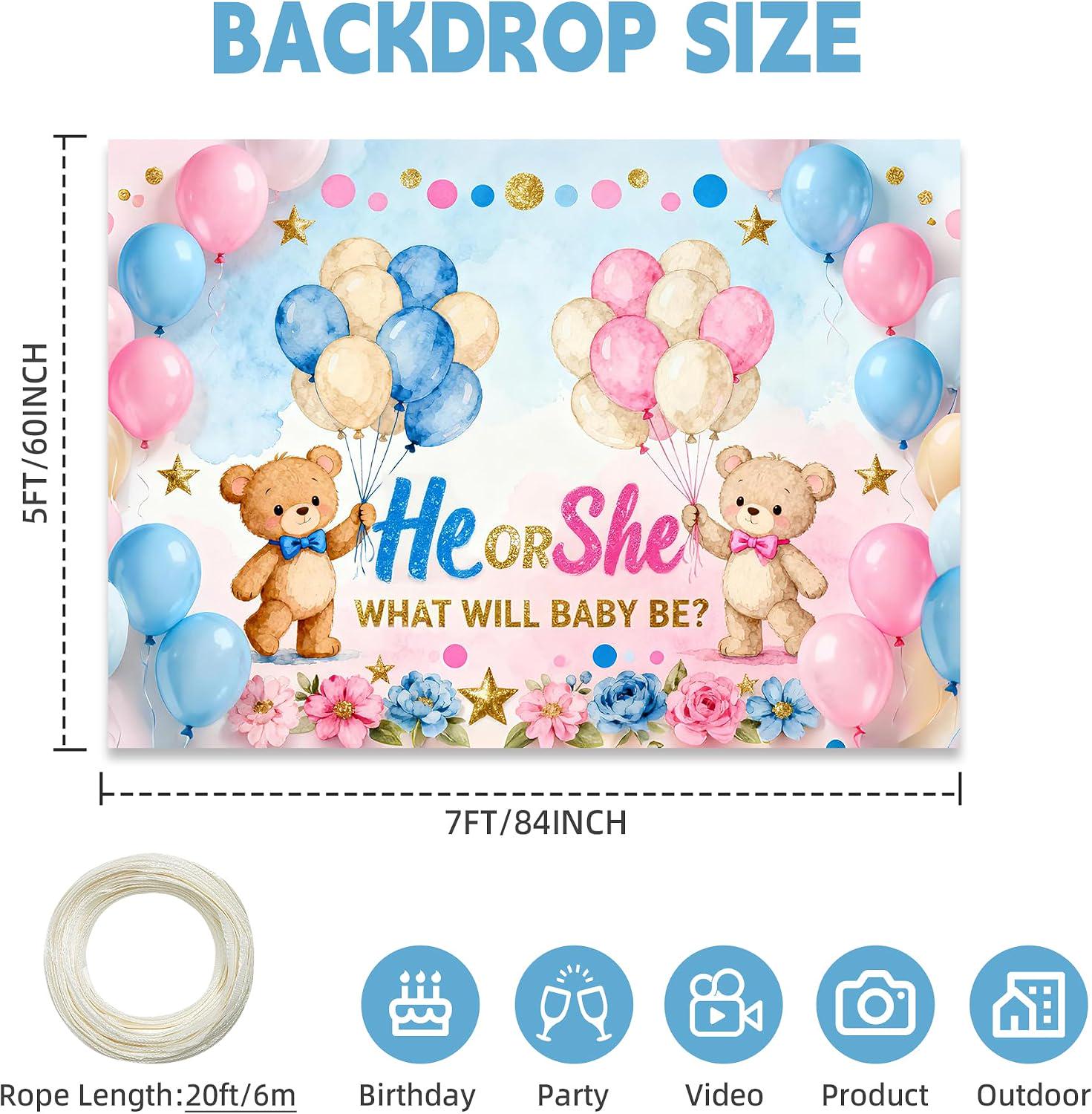Bear Gender Reveal Backdrop, 7x5FT Baby Shower Photo Prop (Pink Blue Balloons)
