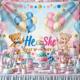Bear Gender Reveal Backdrop, 7x5FT Baby Shower Photo Prop (Pink Blue Balloons)