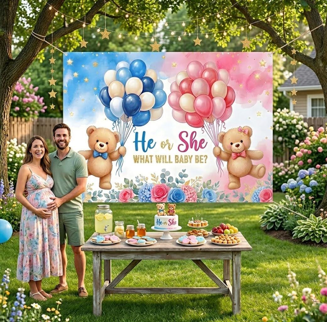 Gender Reveal Backdrop, He or She Baby Shower Banner (7x5FT)