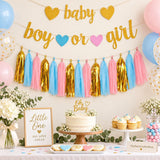 Gender Reveal Banner Set, Baby Shower Decorations, Pink Blue Gold Tassels