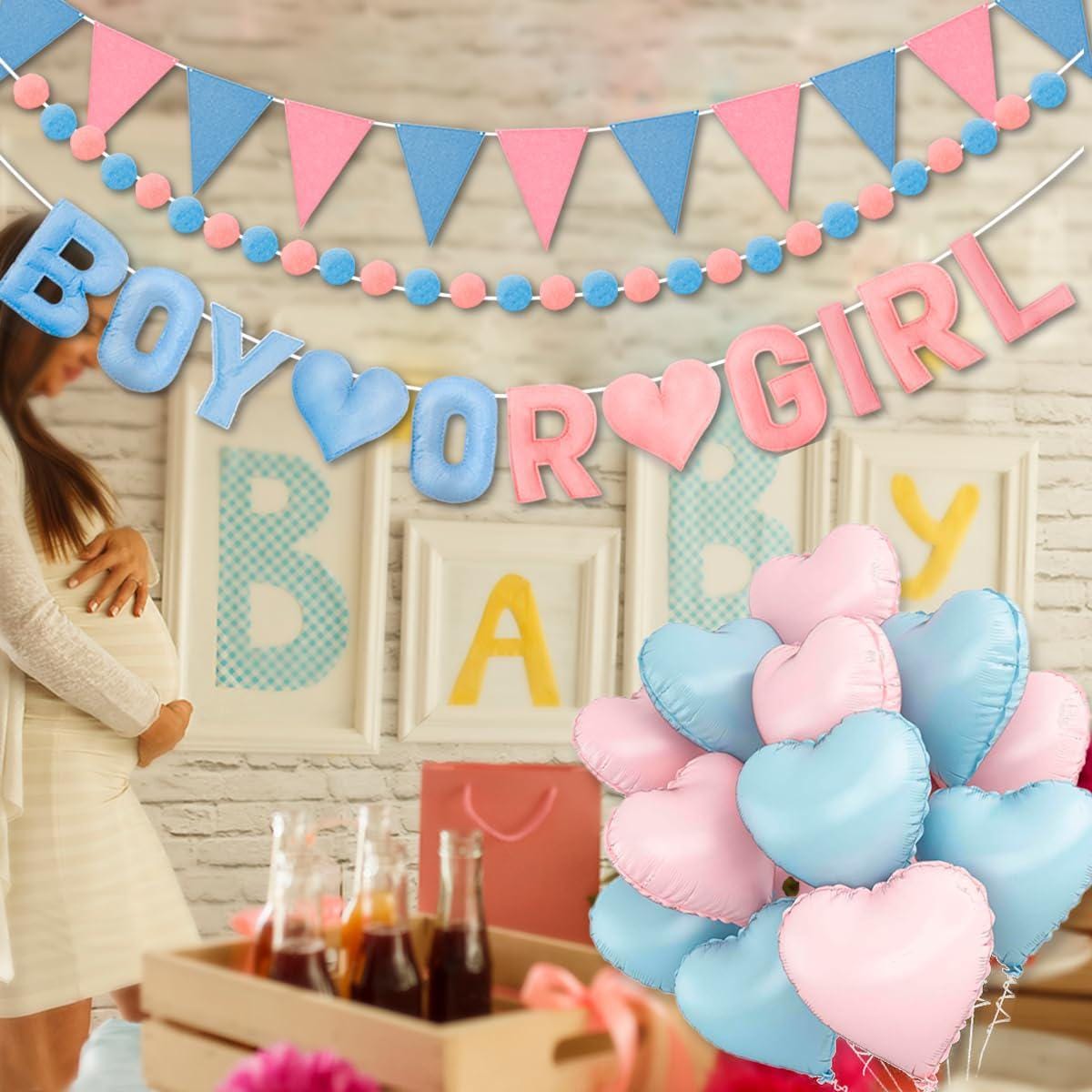3D Gender Reveal Felt Banner, Pre-Strung Promise Keem Pom Pom Bunting (Boy or Girl)
