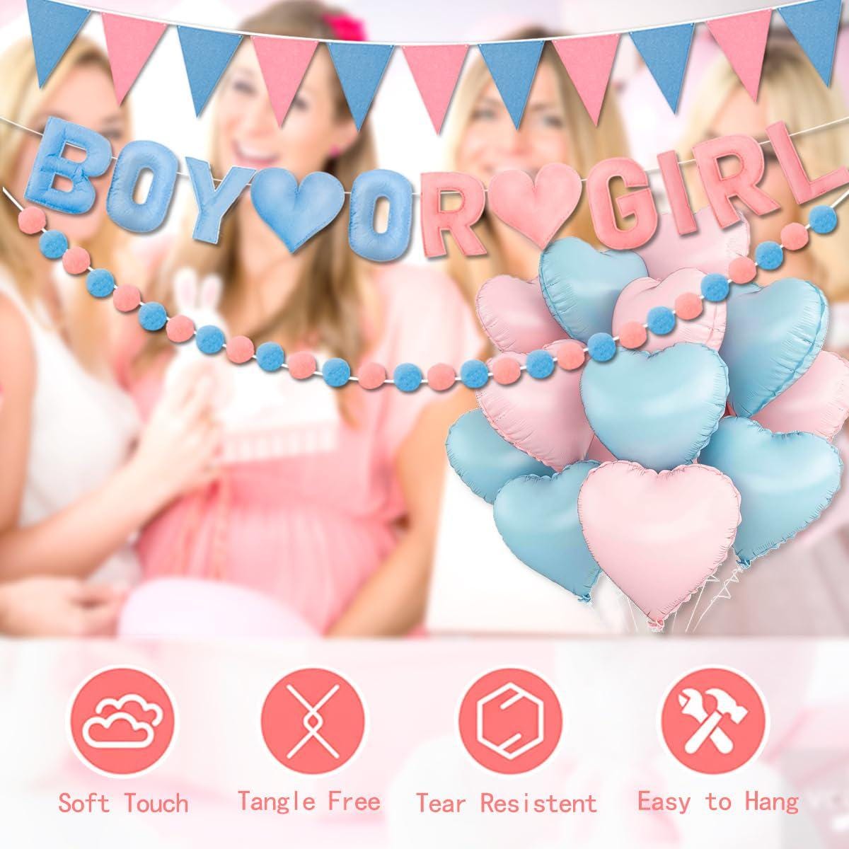 3D Gender Reveal Felt Banner, Pre-Strung Promise Keem Pom Pom Bunting (Boy or Girl)