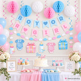 Boy or Girl Gender Reveal Decorations, Pink Blue Baby Shower Banner, Honeycomb Balls & Swirls