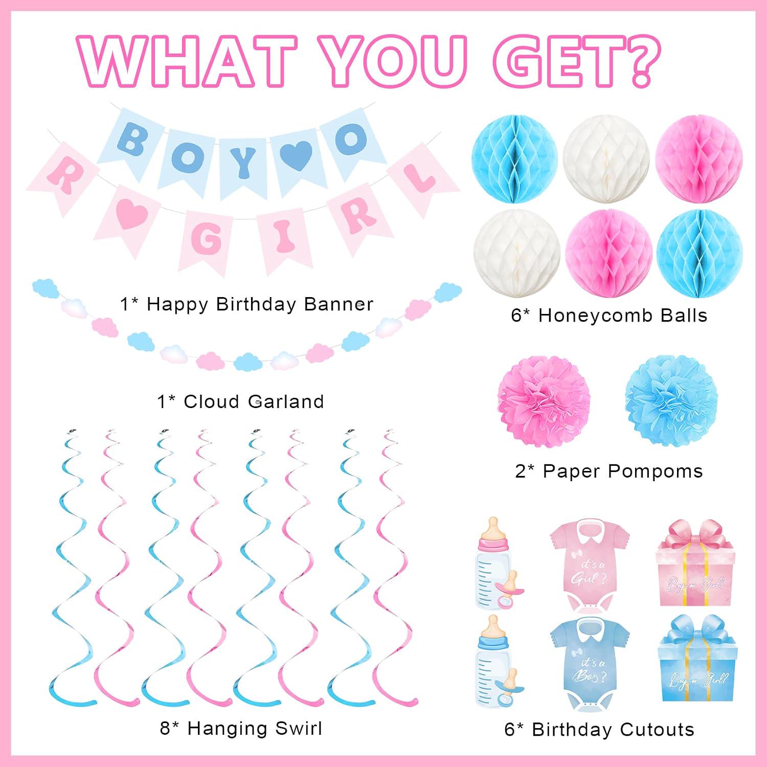 Boy or Girl Gender Reveal Decorations, Pink Blue Baby Shower Banner, Honeycomb Balls & Swirls