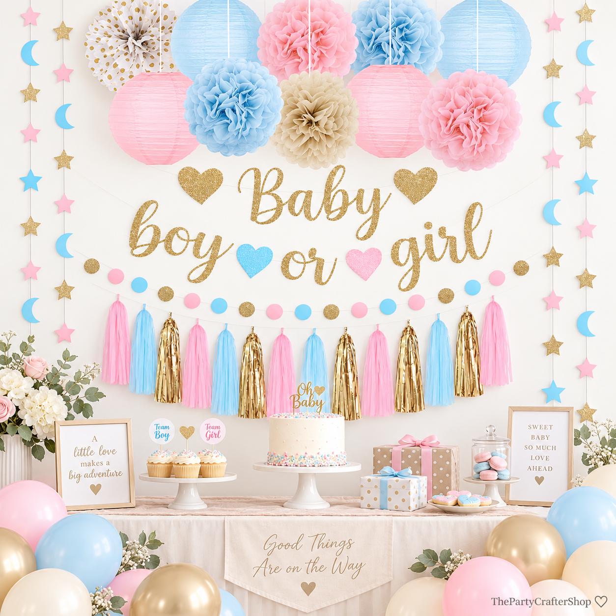 Boho Gender Reveal Party Set, Pink Blue Balloons, Moon Star Garland, Tassels Lanterns