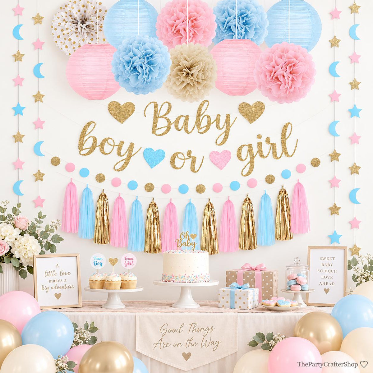 Boho Gender Reveal Party Set, Pink Blue Balloons, Moon Star Garland, Tassels Lanterns