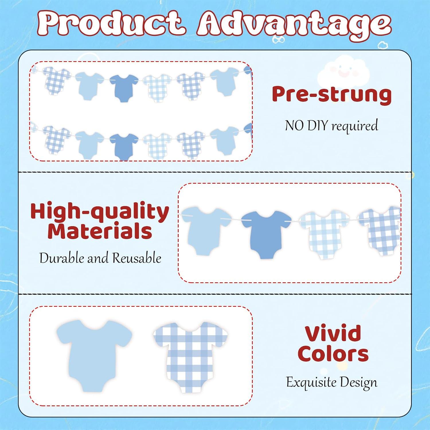 Blue Baby Gender Reveal Banner, Bodysuit Garland, Buffalo Plaid (118 Inch)
