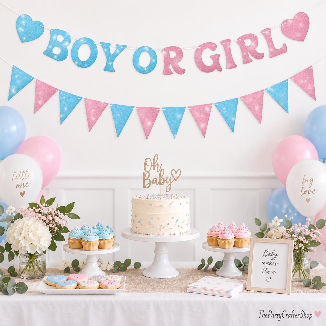 Boy or Girl Gender Reveal Banner, Glitter Hearts, Blue Pink Gold Flags (Pre-Strung)