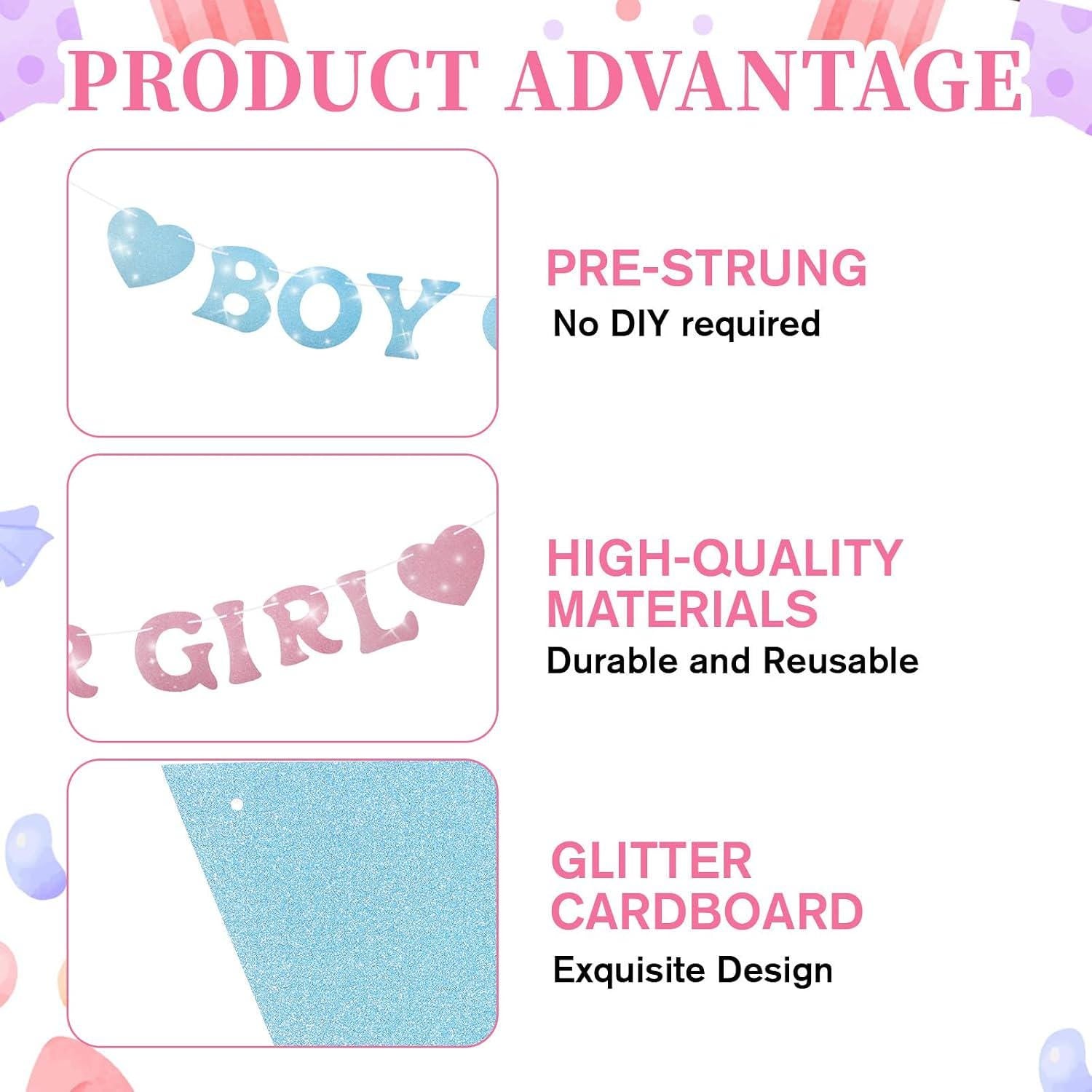 Boy or Girl Gender Reveal Banner, Glitter Hearts, Blue Pink Gold Flags (Pre-Strung)