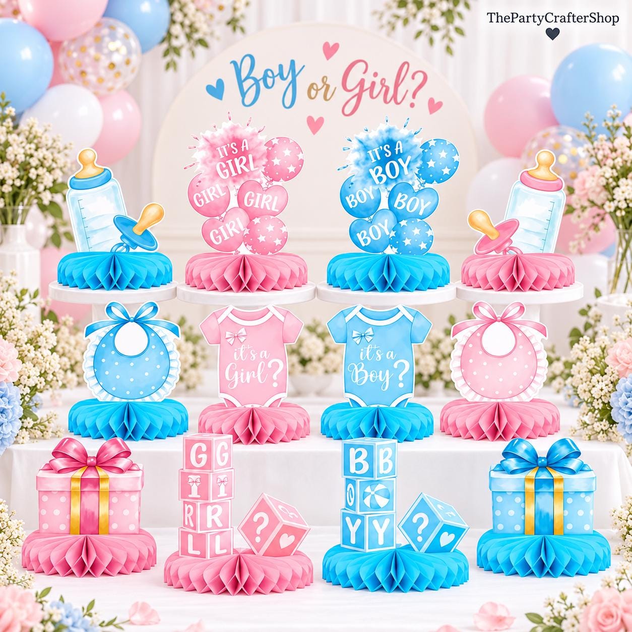 Gender Reveal Honeycomb Centerpieces, Baby Shower Table Decorations (12 Pieces)
