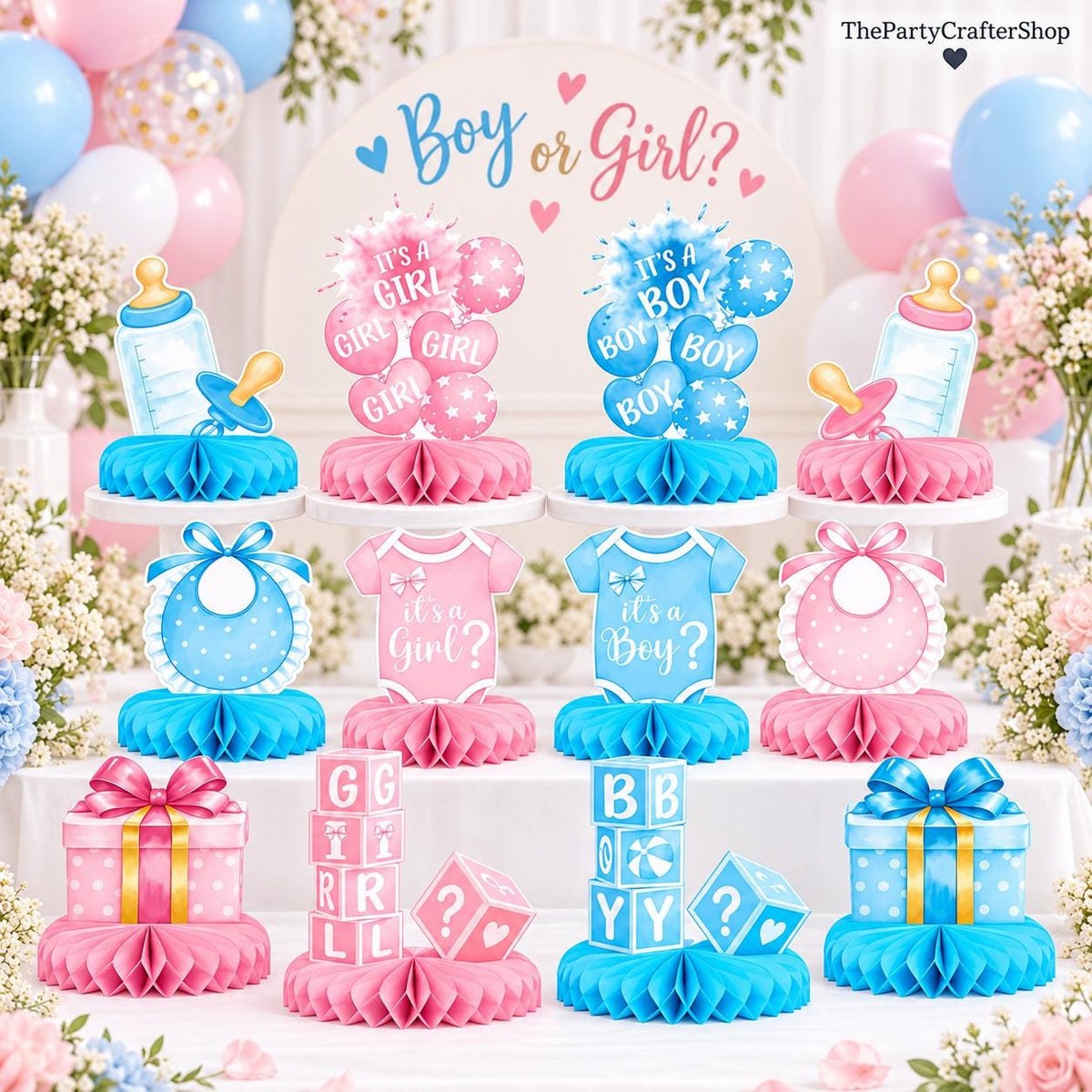 Gender Reveal Honeycomb Centerpieces, Baby Shower Table Decorations (12 Pieces)