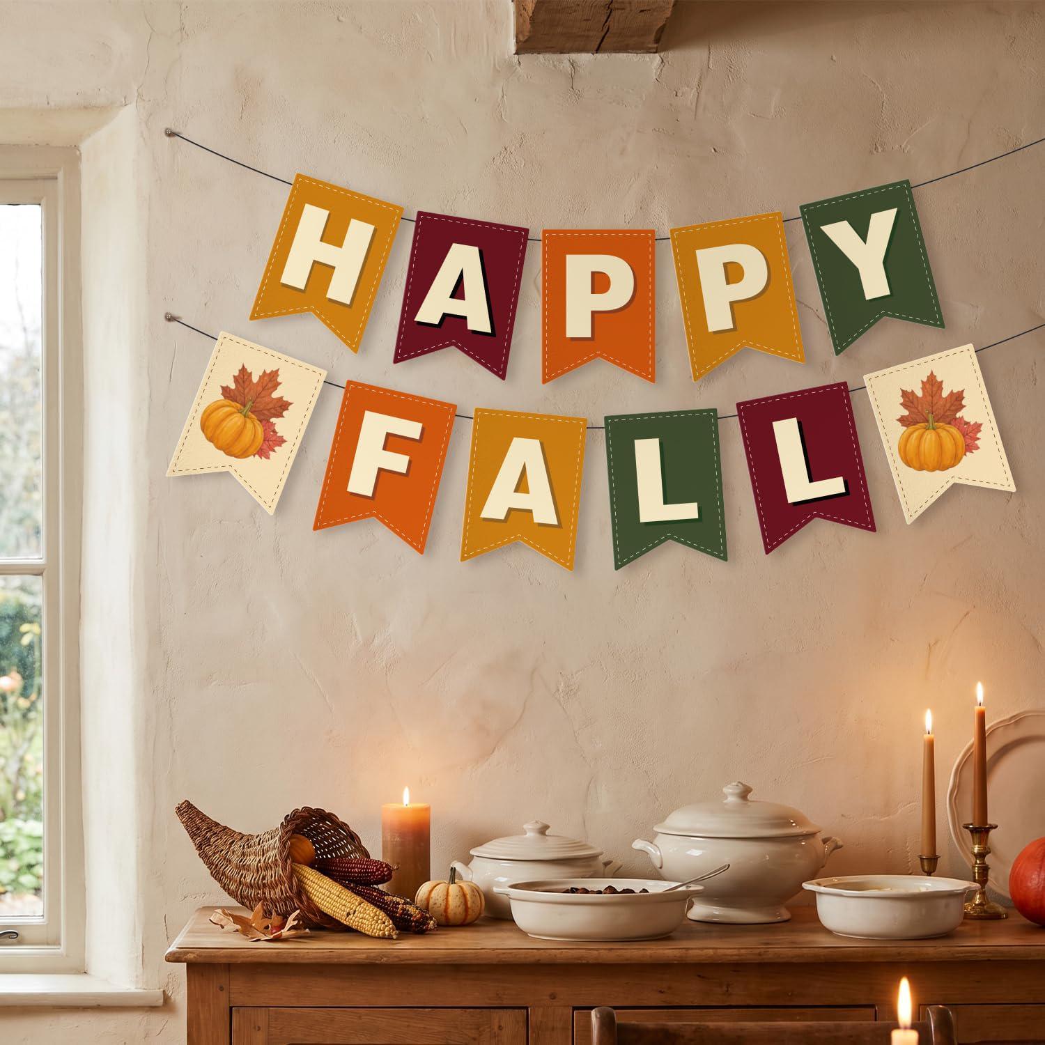 Happy Fall Pumpkin Garland, Autumn Leaves Banner, Thanksgiving Party Decor