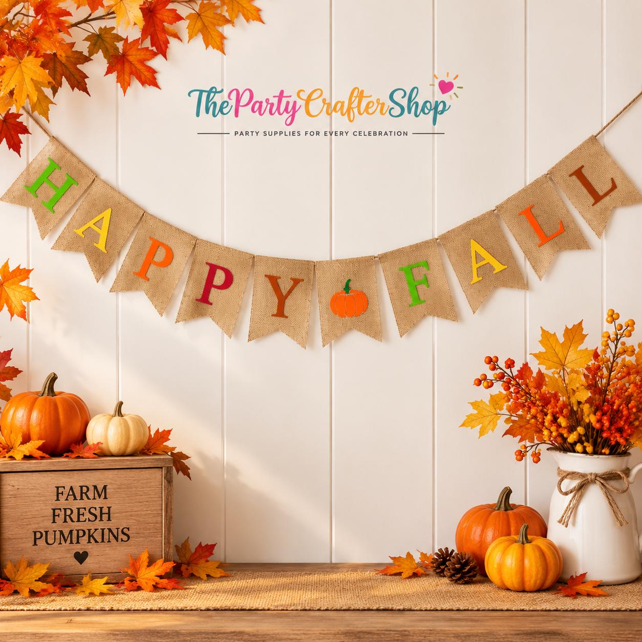Happy Fall Burlap Banner, Colorful Pumpkin Garland, Rustic Autumn Decor