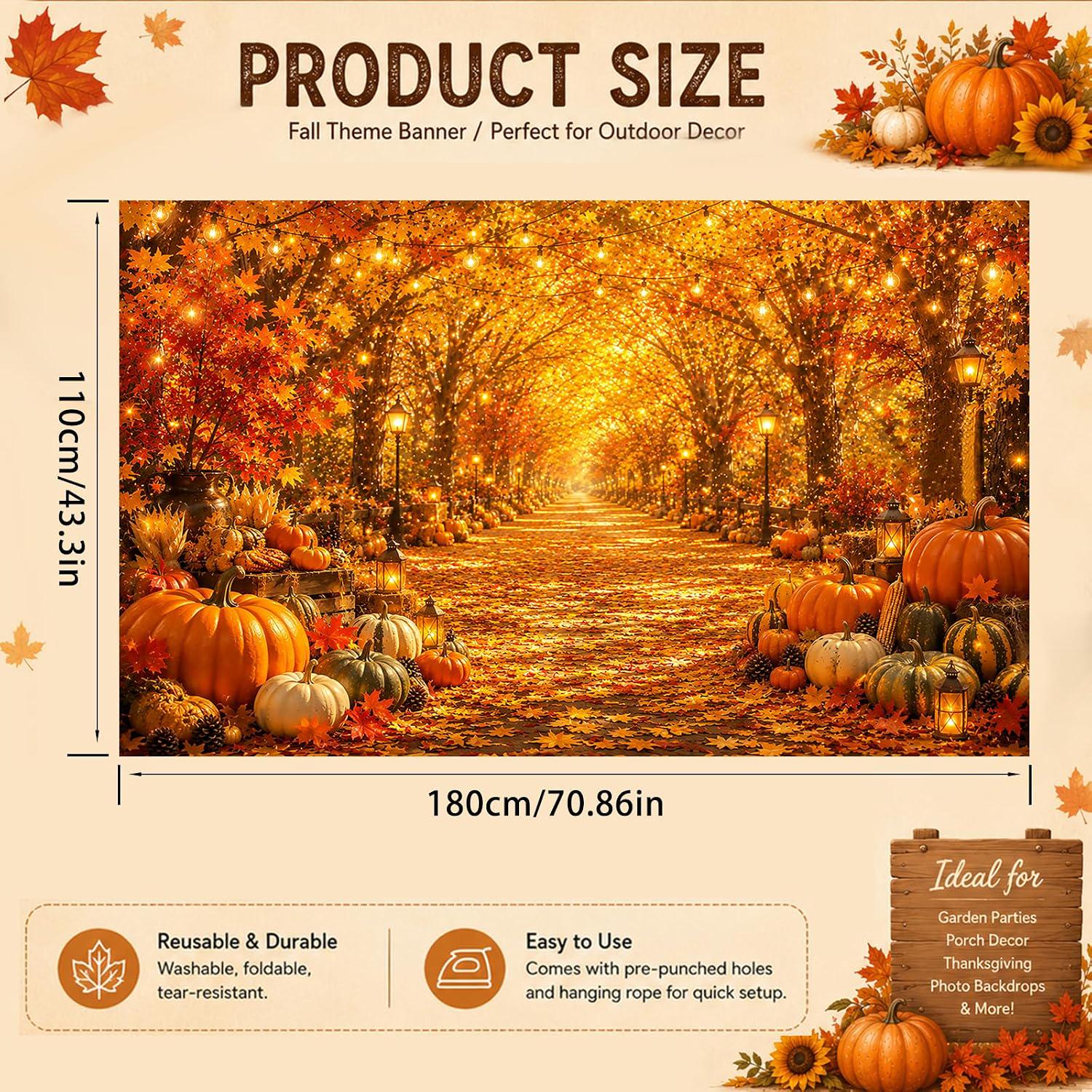 Golden Maple Pumpkin Fall Banner, Autumn Party Backdrop (71x43 Inch)