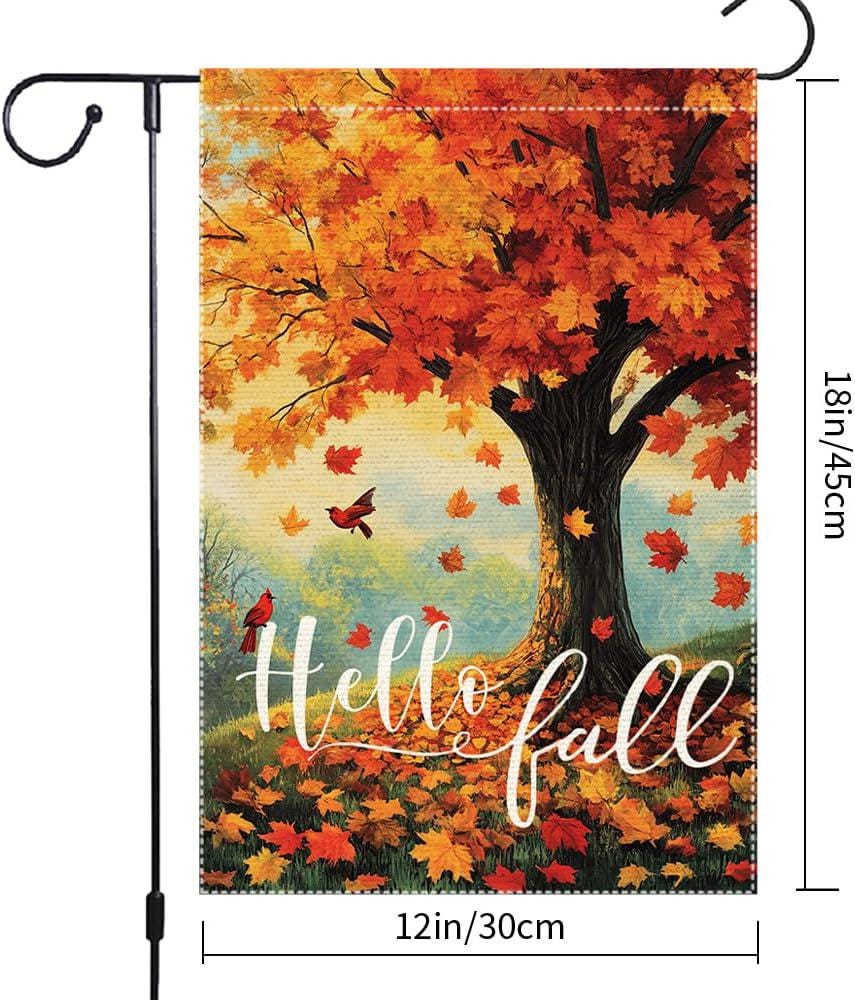 Hello Fall Garden Flag, Double-Sided Burlap Autumn Tree Banner (12.5x18 Inch)