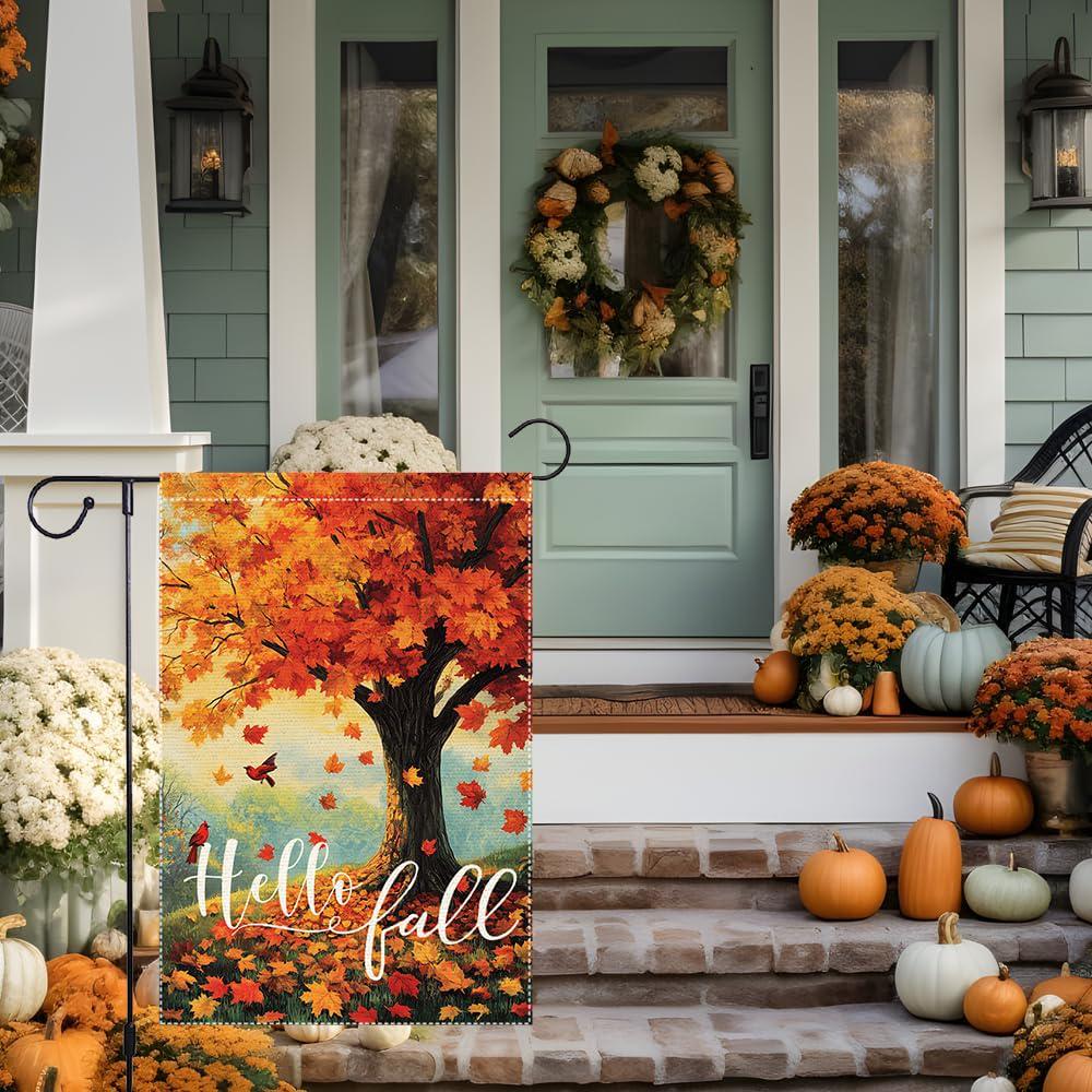Hello Fall Garden Flag, Double-Sided Burlap Autumn Tree Banner (12.5x18 Inch)