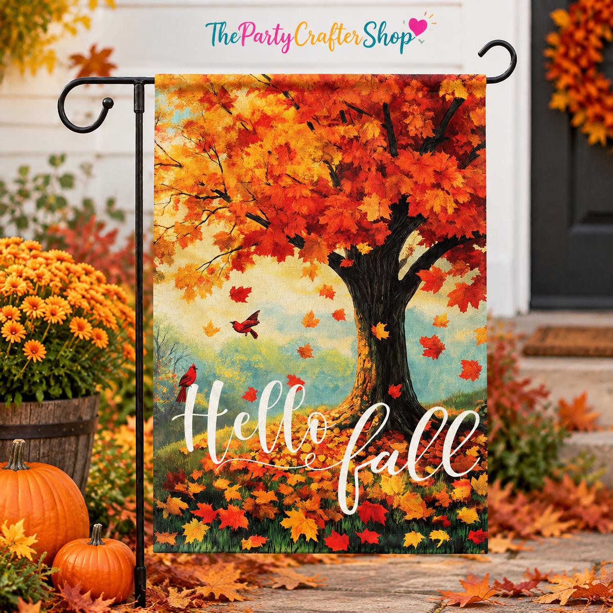 Hello Fall Garden Flag, Double-Sided Burlap Autumn Tree Banner (12.5x18 Inch)