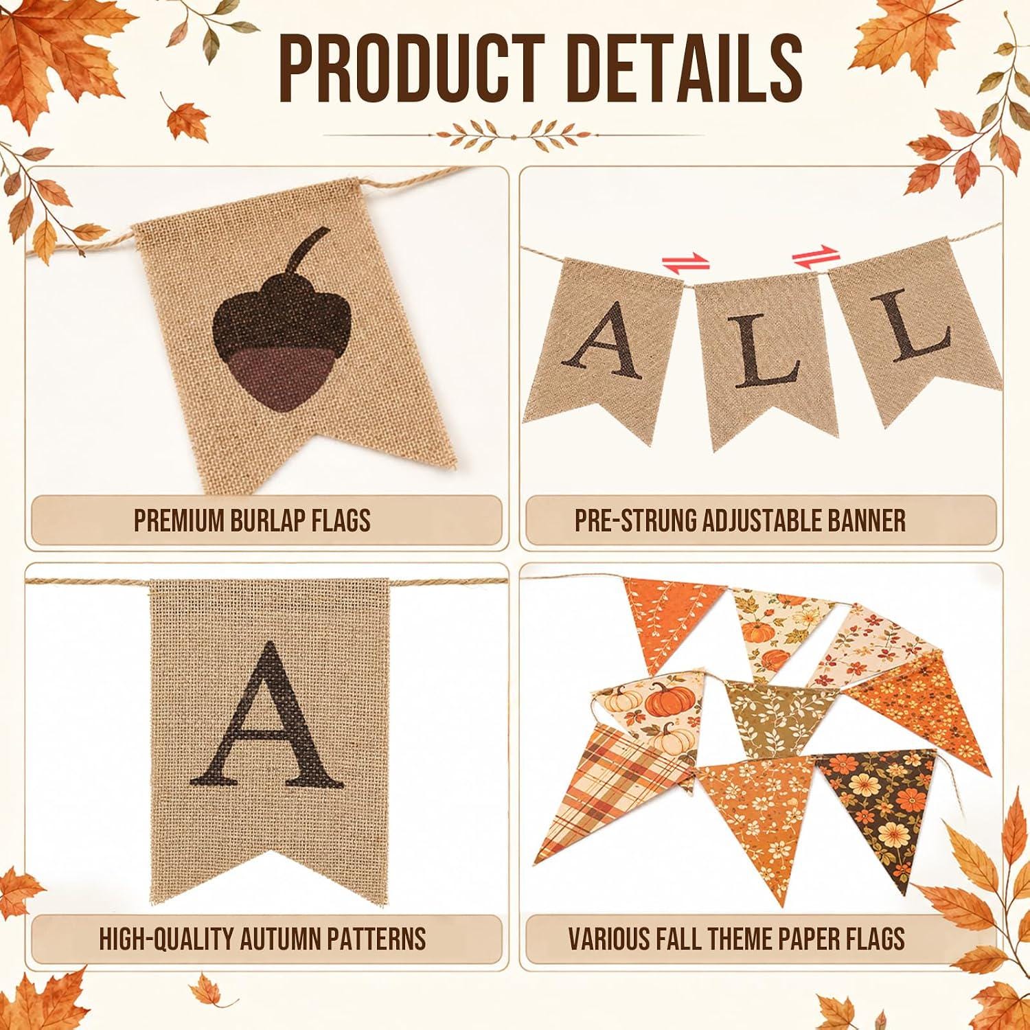 Happy Fall Burlap Banner Set, Rustic Autumn Garland, Pre-Strung Bunting (2 Pack)