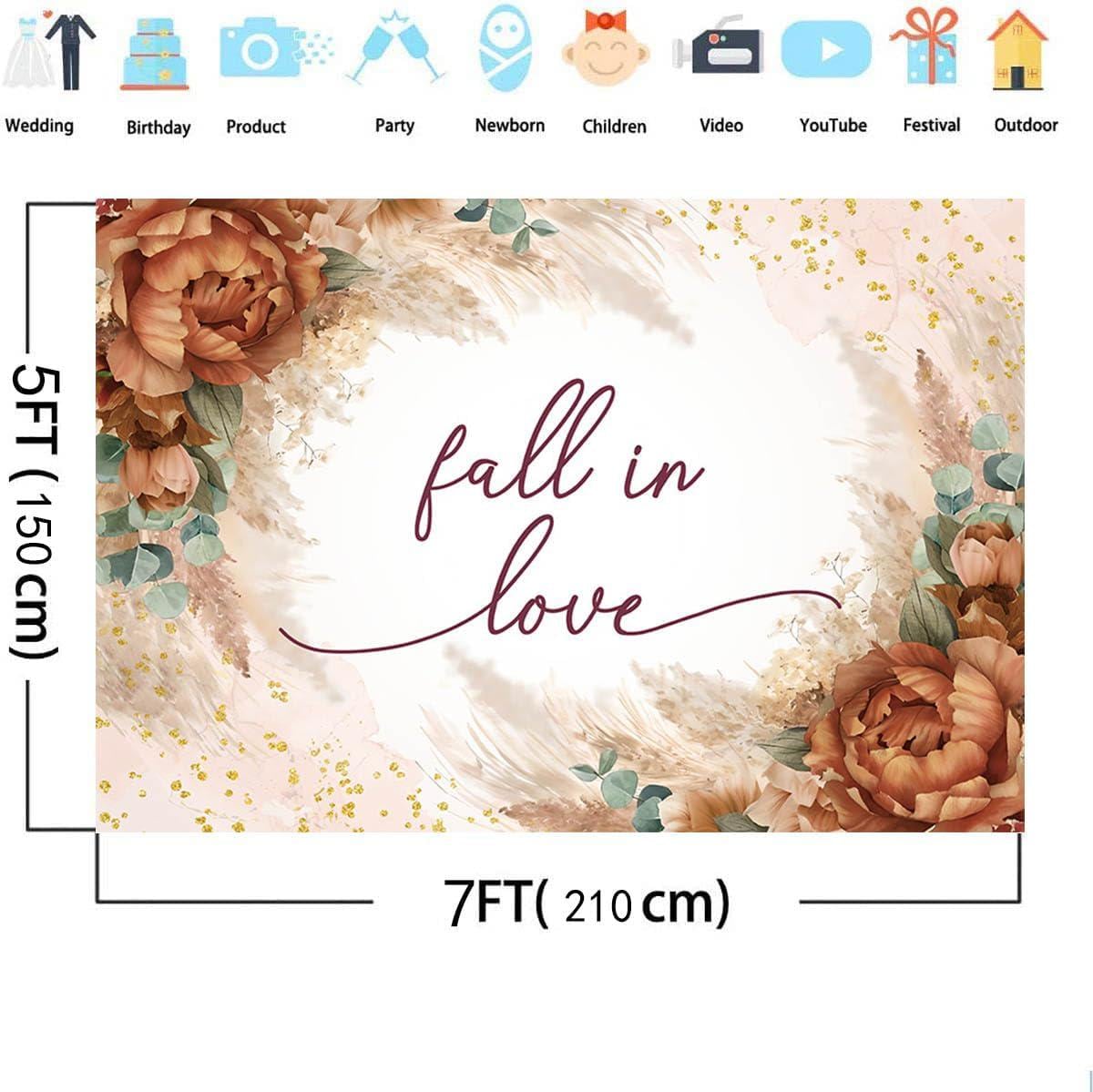 Fall in Love Floral Backdrop, 7x5FT Autumn Wedding Banner (Polyester)