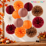 Boho Autumn Baby Shower Decor Set, Tissue Paper Flowers, Lanterns, Honeycomb Balls (14pc)